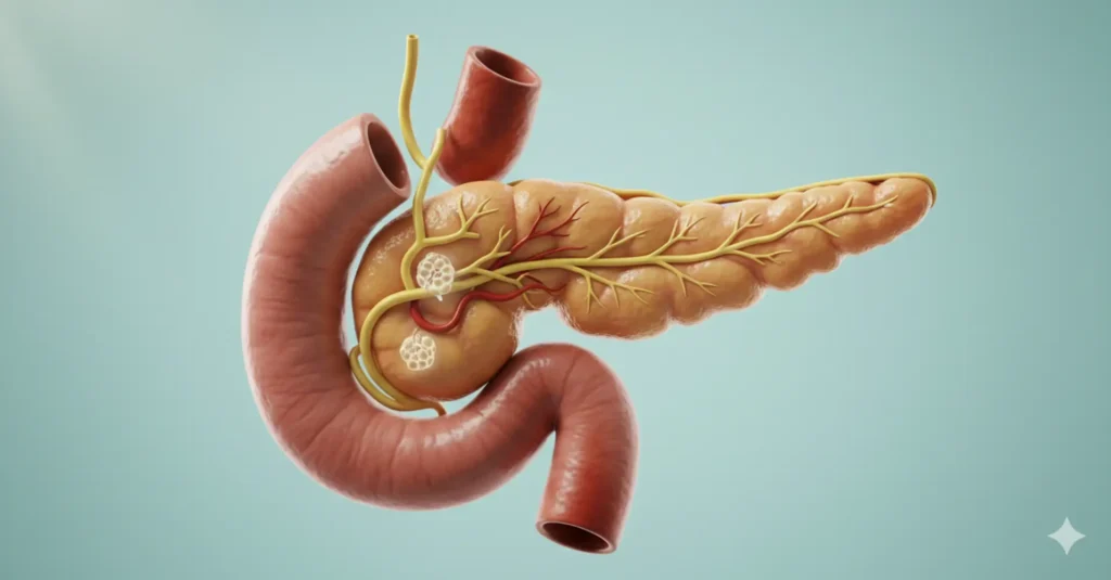 Ilustración de la función del páncreas en la digestión-clinica de endoscopia avanzada
