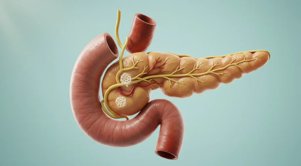 Ilustración de la función del páncreas en la digestión-clinica de endoscopia avanzada
