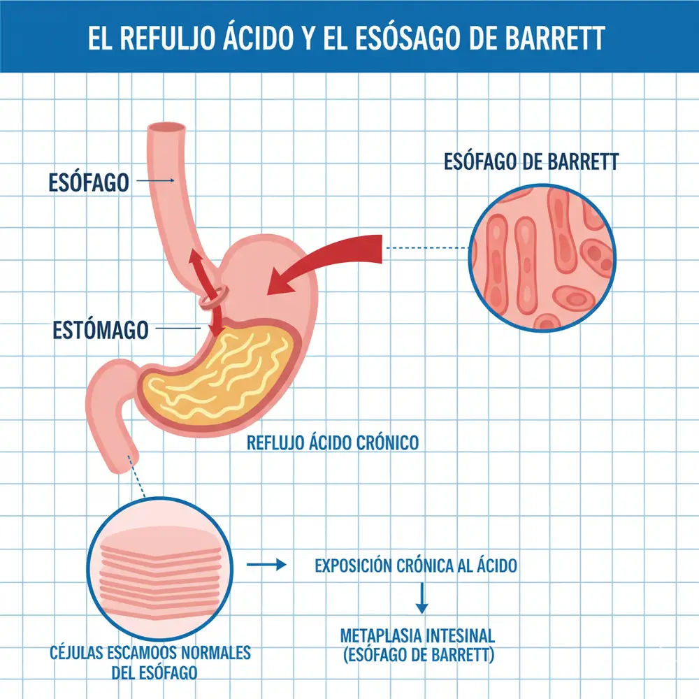 anatomía del esófago y el estómago, explicando cómo el reflujo ácido causa la transformación celular en el esófago de Barrett