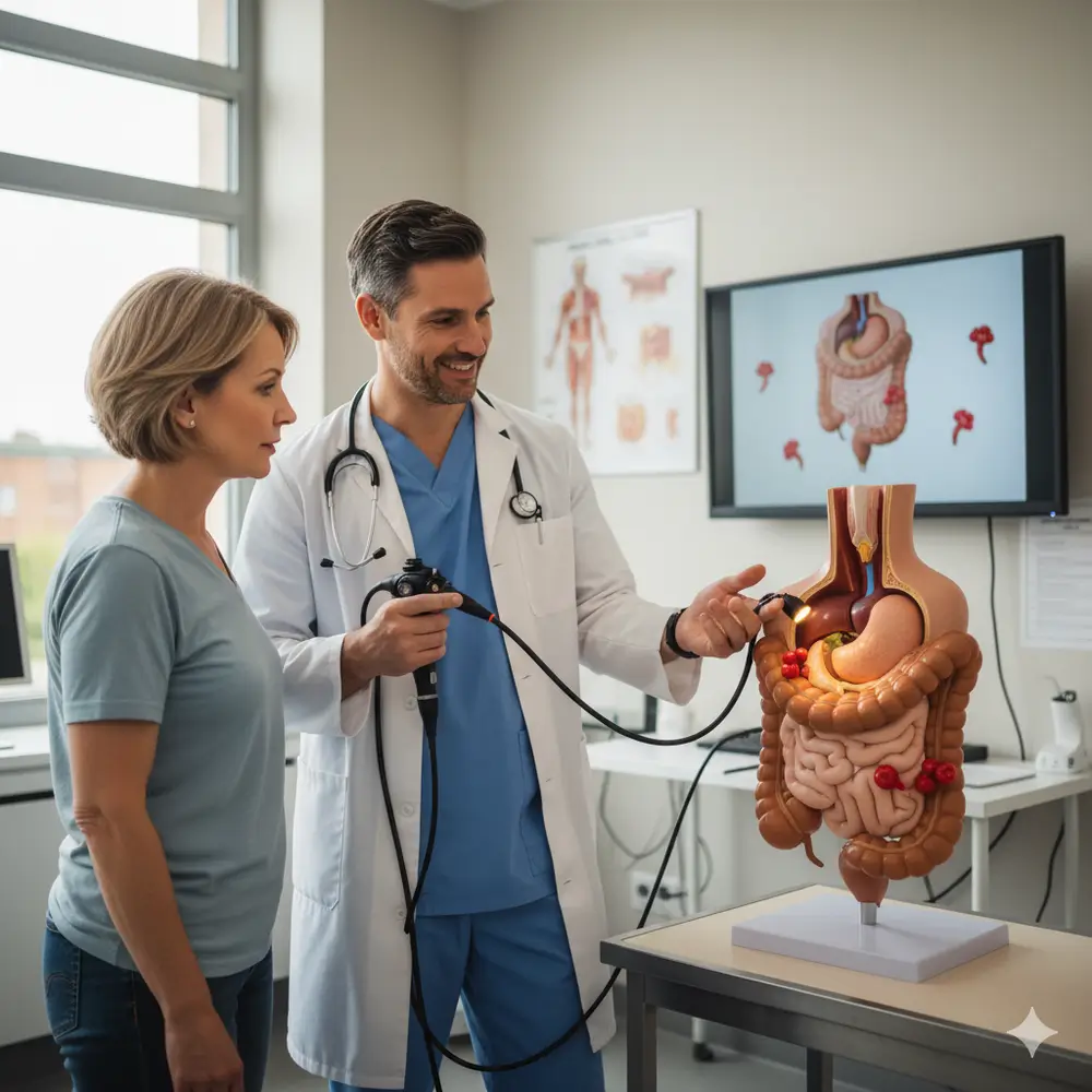 clinica_de_endocopía_avanzada | pólipos adenomatosos Médico explicando una colonoscopia para detectar pólipos adenomatosos- clinica de endoscopia avanzada